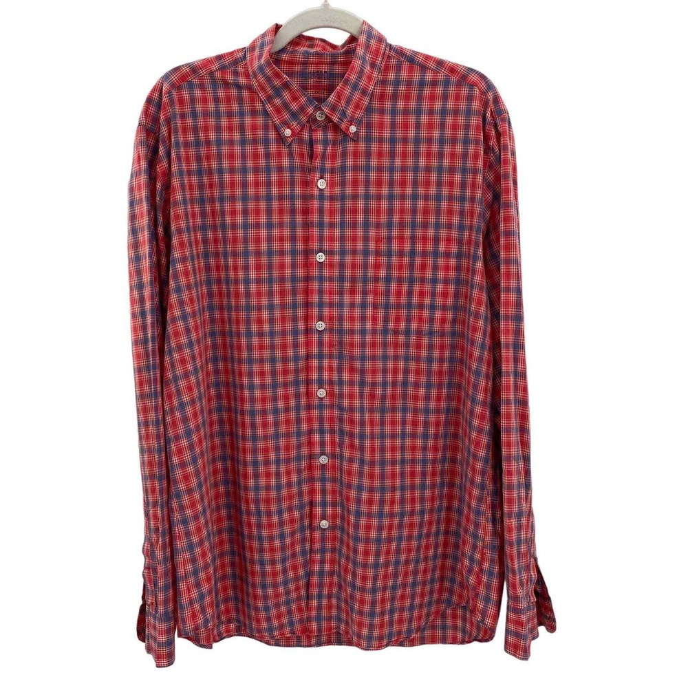 J. Crew Button Front Lightweight Shirt Mens Large Red Blue Plaid Cotton